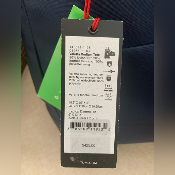 NWT TUMI Medium Tote Valletta: Navy Nylon, Leather Handles, Zip Close, Name Tag - Picture 3 of 16